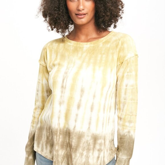 MYSTREE Yellow Beige Tie-Dye Long Sleeve Top, Casual Waffle Knit Pullover - Picture 2 of 7
